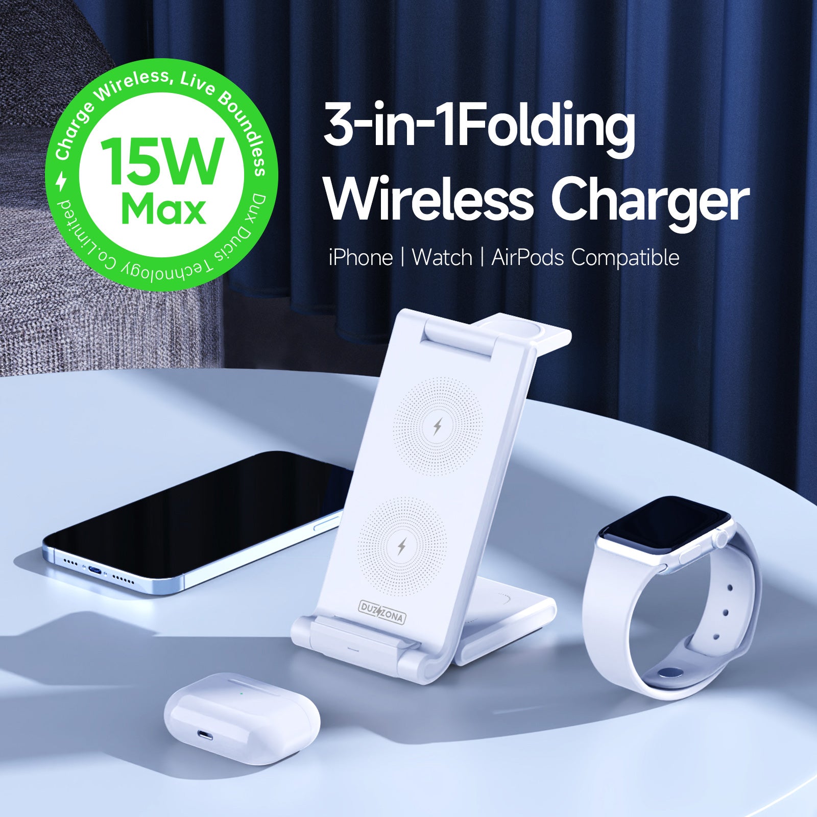 DUZZONA W10-A 3-in-1 Foldable 15W Wireless Charger Qi Fast Charging Stand Dock for iWatch Phone Earphone (CE/FCC/UKCA/ROHS) DUZZONA W10-A 3-in-1 Foldable 15W Wireless Charger Qi Fast Charging Stand Dock for iWatch Phone Earphone (CE/FCC/UKCA/ROHS)